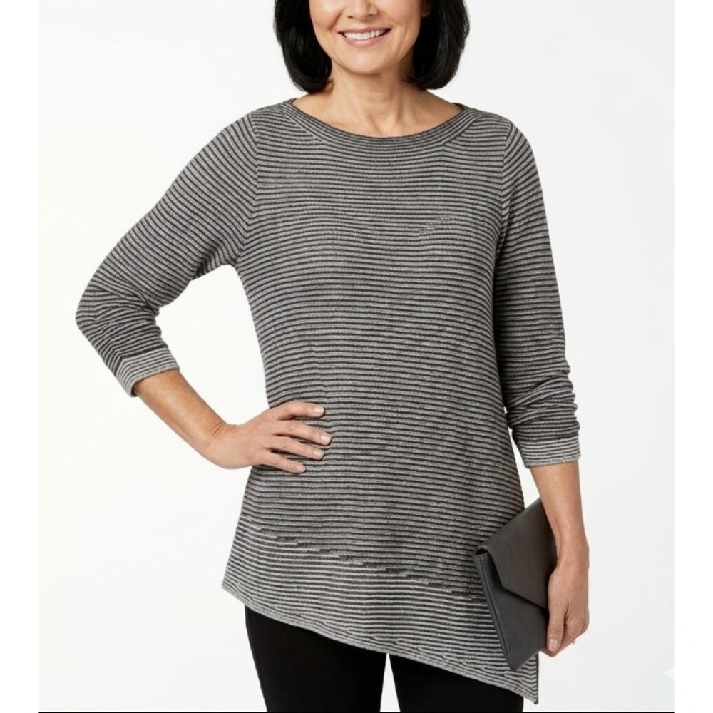 New Chico's Sweater size XL/3 Gray Striped Knit Side Knit Asymmetric Hem Tunic
